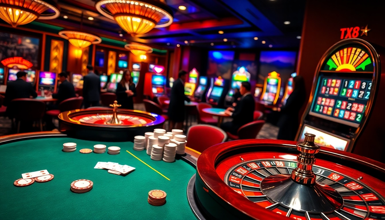 Experience the thrilling atmosphere of Trang Chủ TX88 with a luxurious casino scene depicting poker and roulette.