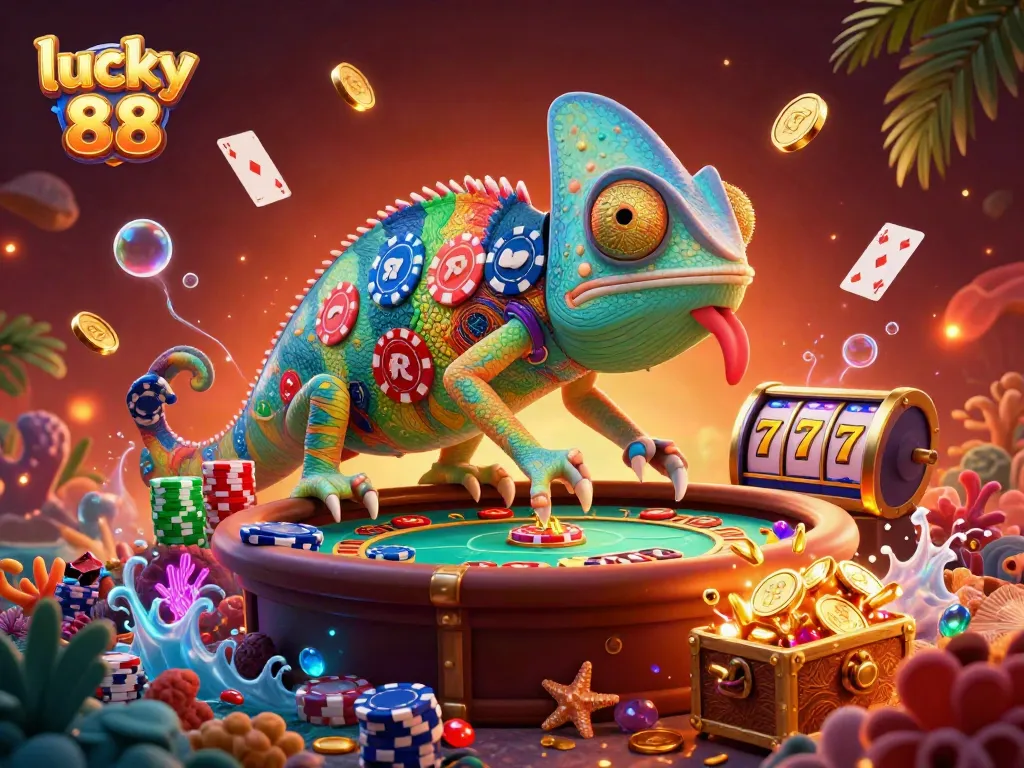 Engage in thrilling luck with lucky 88 where a chameleon casino owner snaps gold coins amid slot reels and vibrant treasures.