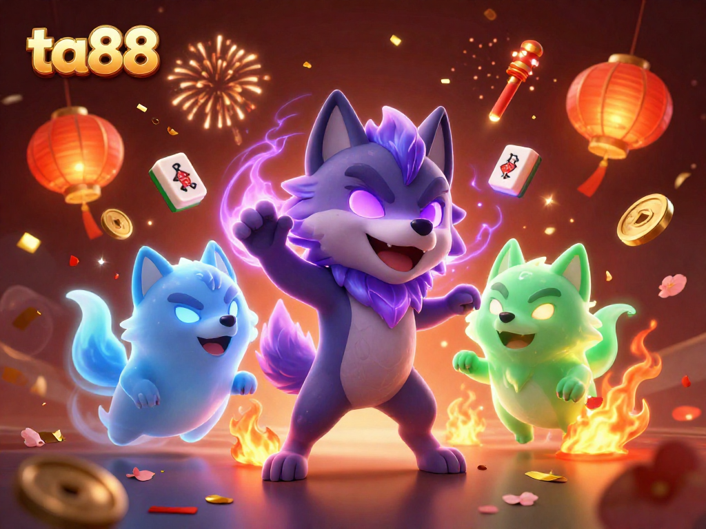 Play thrilling games at ta88, featuring a mystical wolf pack and vibrant casino elements in celebration.