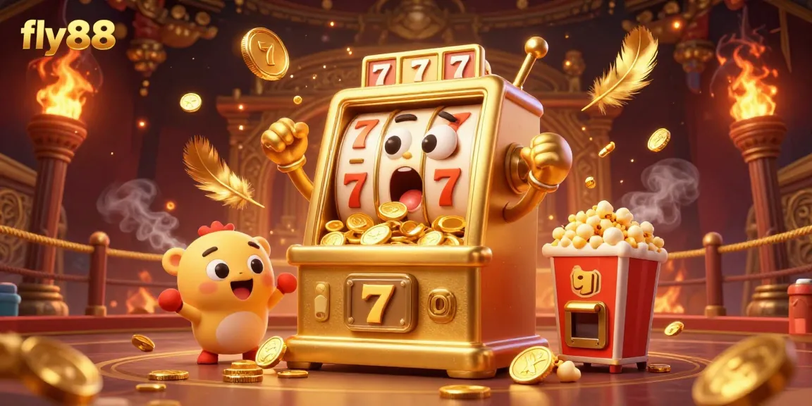Fly88 slot machine hits jackpot, showered with coins in an energetic casino scene.