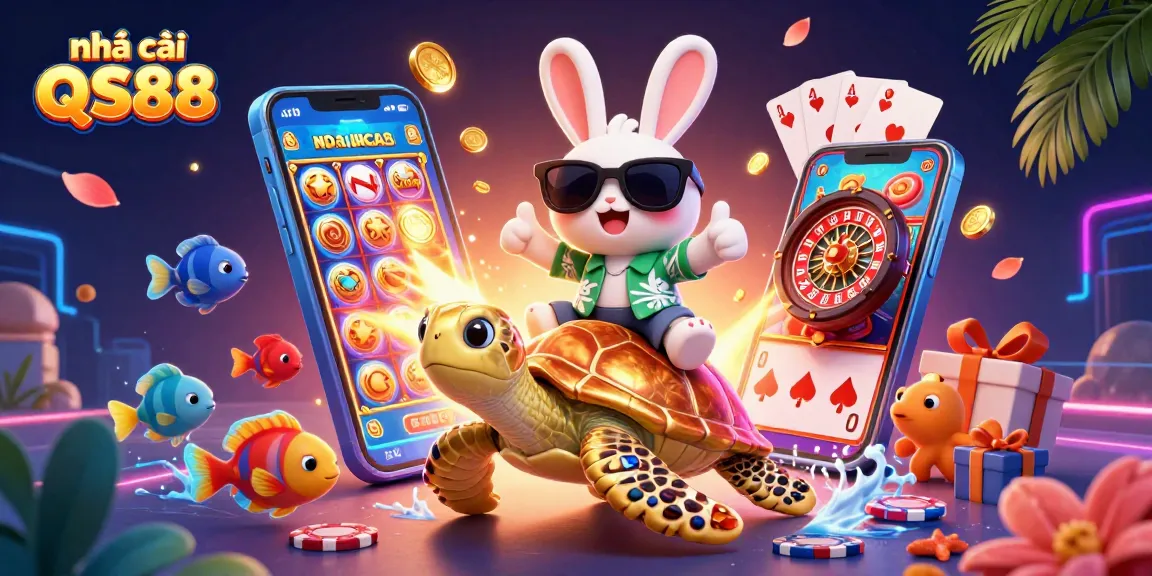 Join the fun at nhà cái QS88 with a lucky rabbit and golden turtle in a vibrant casino scene.