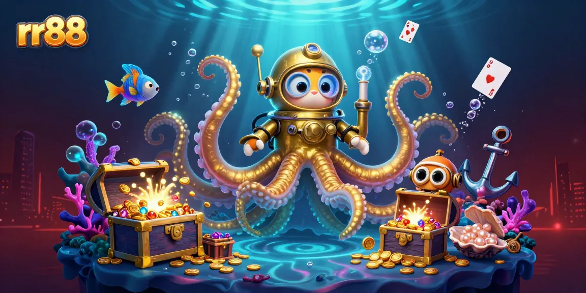 Experience thrilling games at rr88 with an exciting underwater scene featuring a kraken and diving cat.