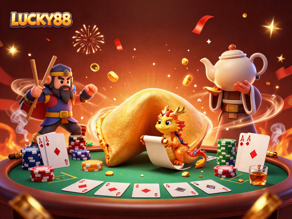 Immerse yourself in LUCKY88's vibrant world, where a wise dragon uncovers fortunes amidst poker excitement.