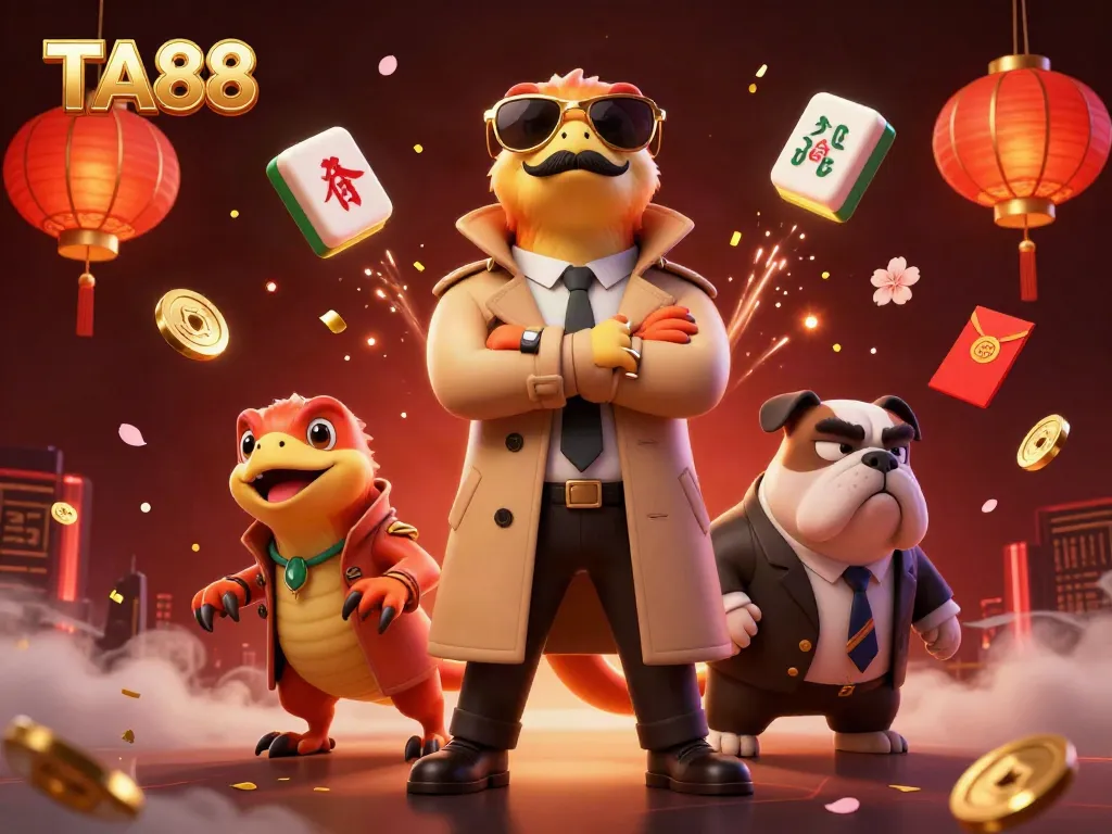 Engage in thrilling gameplay at TA88 as cartoon raptors attempt VIP entry to a lively casino scene.