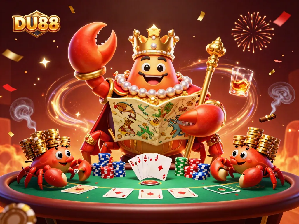 DU88 players engaging in a vibrant casino scene with a golden crab emperor and poker elements.