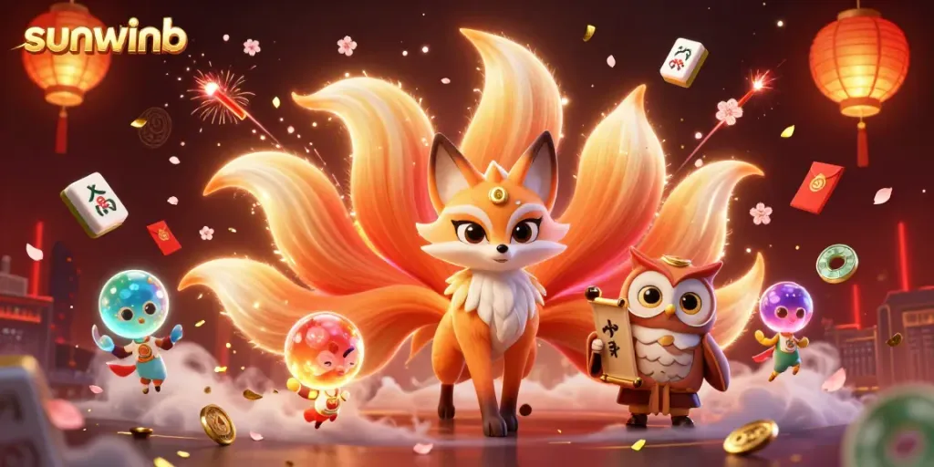 Engage in the vibrant spirit of gambling with sunwinb featuring a colorful fox spirit and gaming elements.