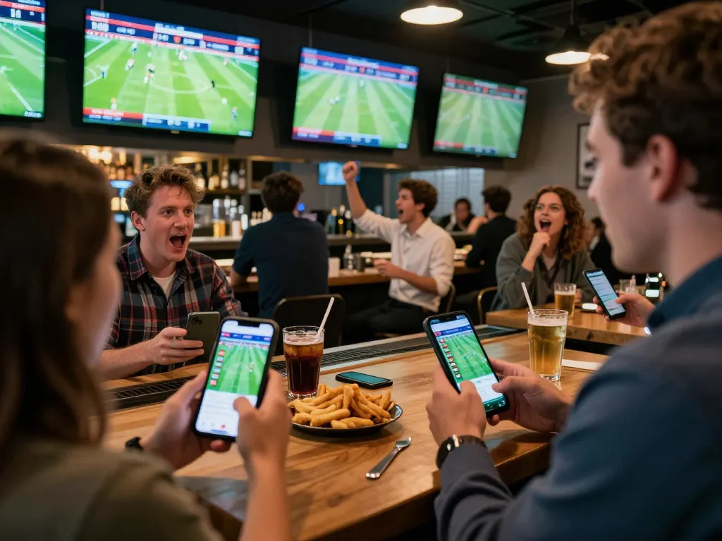 Live sports betting action highlighting Kết quả bóng đá with fans engaged and betting via mobile apps
