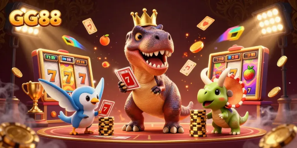 GG 88 showcases a playful dinosaur-themed casino scene with characters surrounded by vibrant gaming elements.