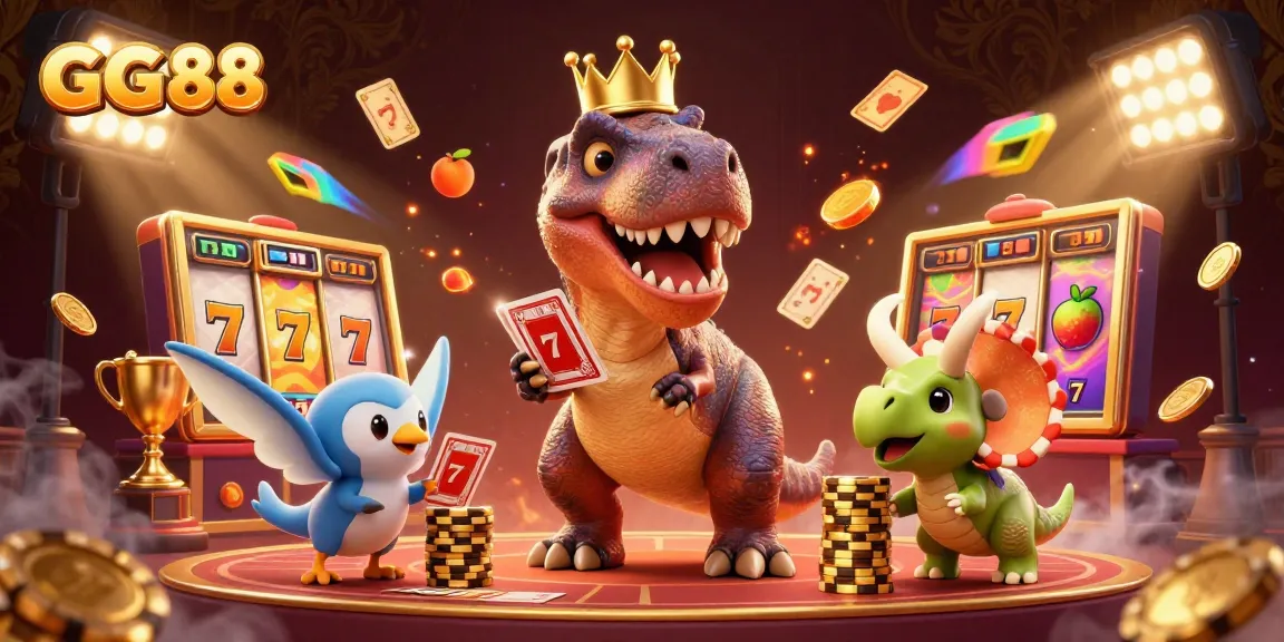 GG 88 showcases a playful dinosaur-themed casino scene with characters surrounded by vibrant gaming elements.