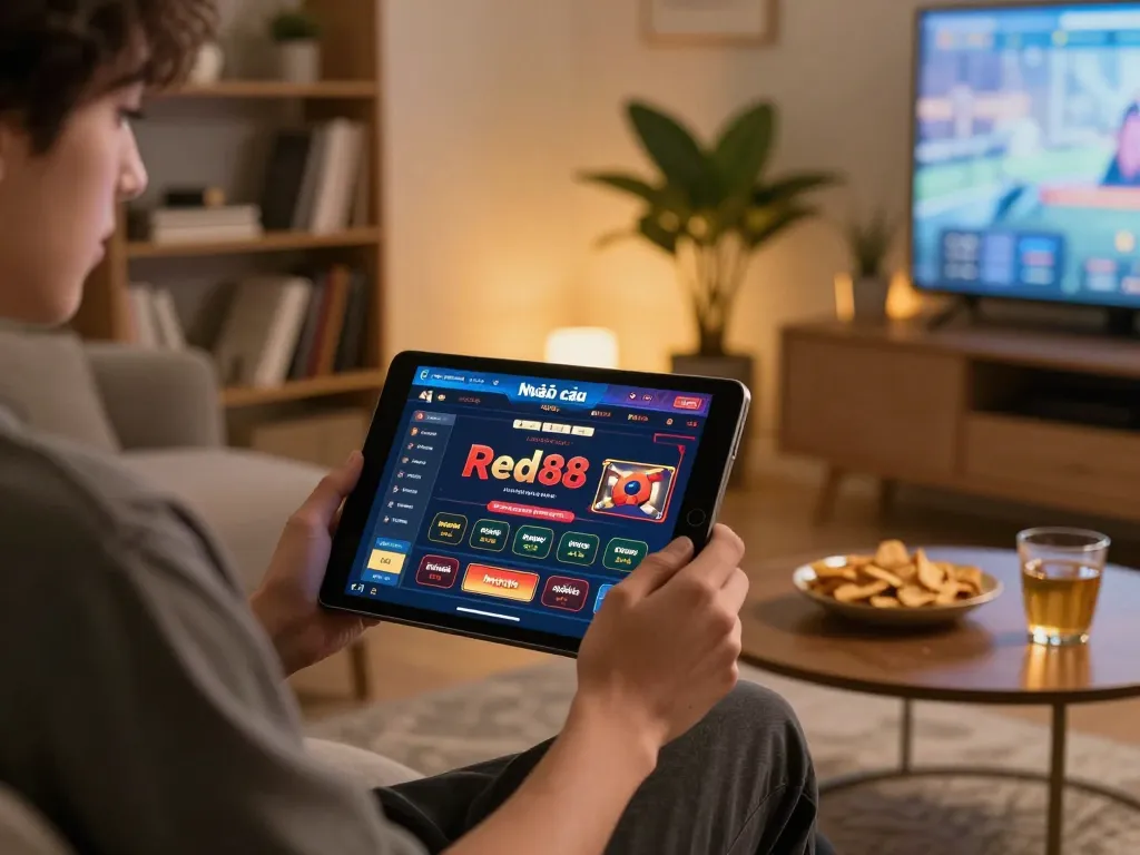 Engaging online gameplay at Nhà cái Red88, showcasing a player focused on the game interface in a cozy home environment.