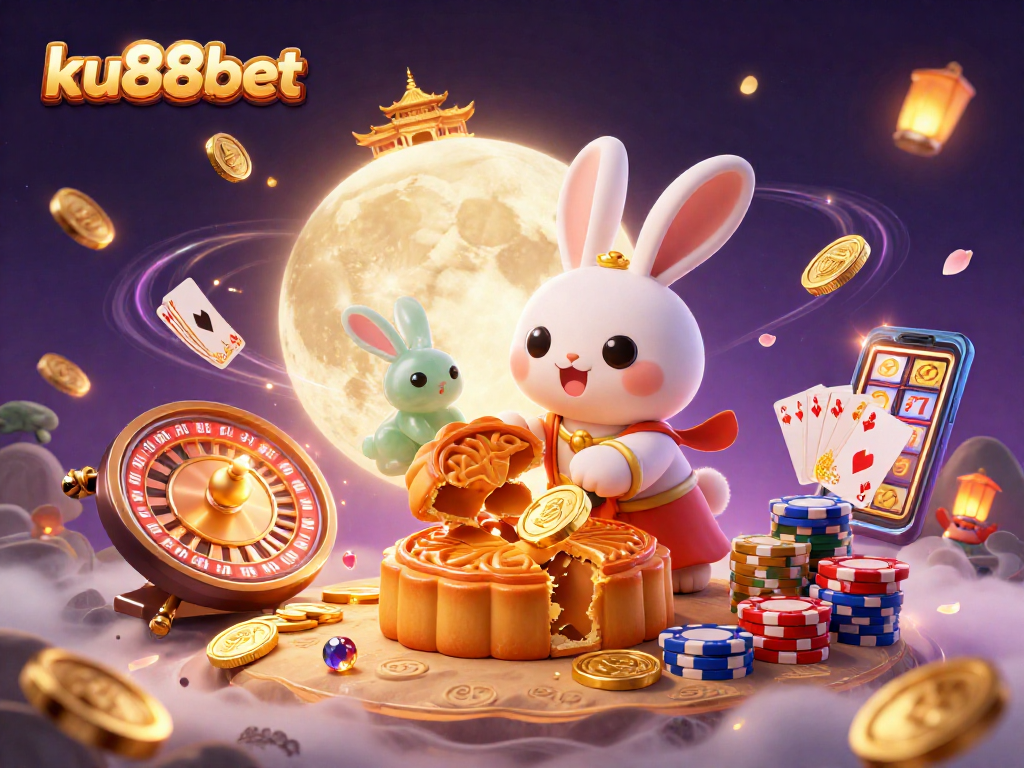 Experience ku88bet with 3D moon rabbit cracking mooncakes revealing poker chips amidst flying coins and casino elements