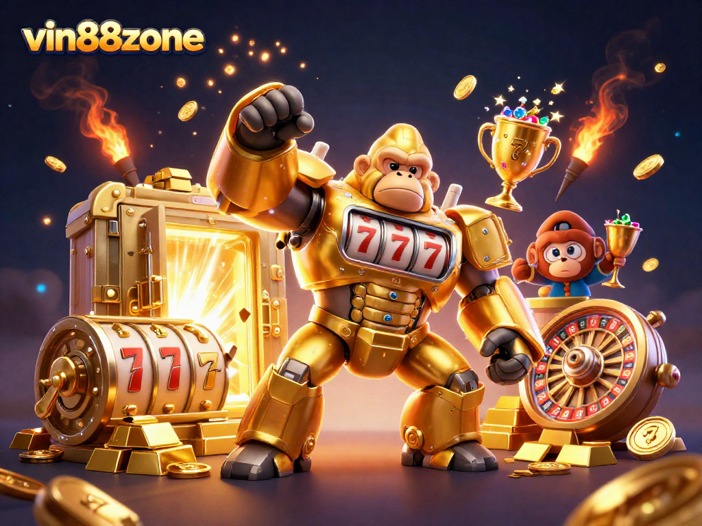Vin88zone slots come alive with a golden gorilla mech, coins bursting forth in a dynamic casino illustration.