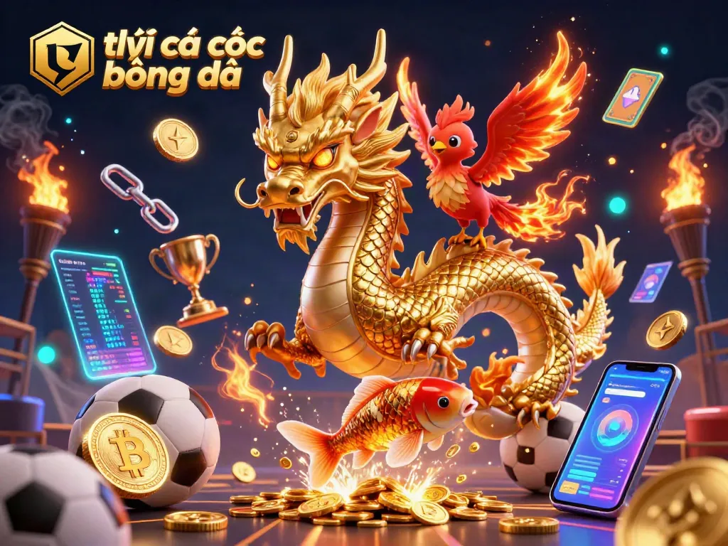 Experience tỷ lệ cá cược bóng đá with an exciting scene of a golden dragon, phoenix, and koi fish.