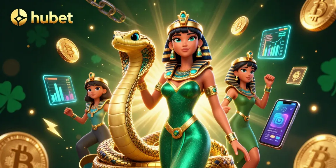 Win big with hubet in this vibrant 3D casino illustration showcasing a golden cobra and crypto coins.