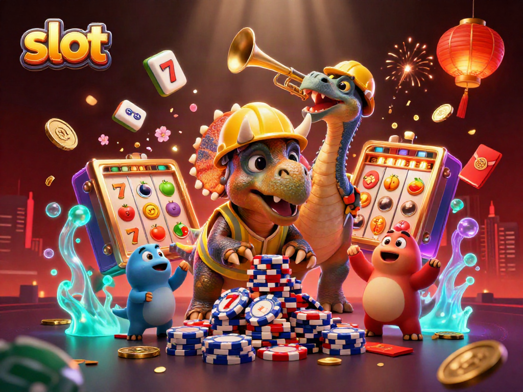 Exciting slot gaming scene featuring a cartoon triceratops, slot reels, and festive elements celebrating big wins.