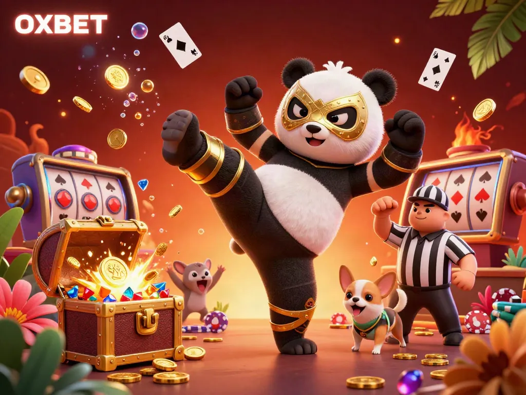 Experience thrilling action at OXBET with a dynamic scene of a wrestler panda and cheering animal spectators.