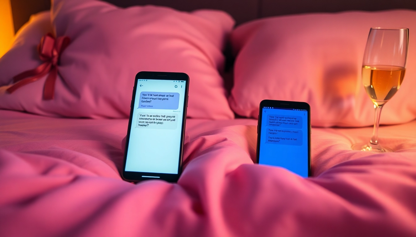 Sexting AI chat conversation depicted on smartphones in a cozy bedroom setting.