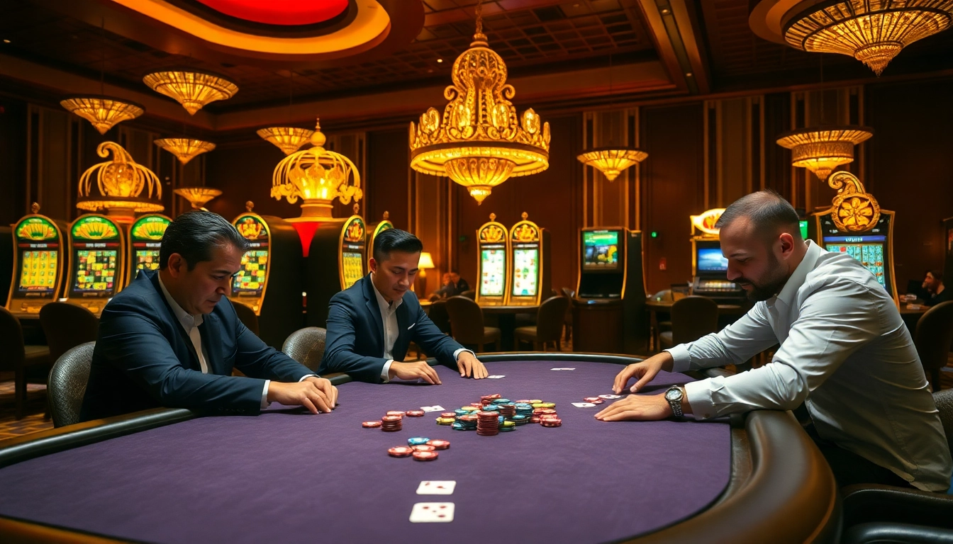 Engaging poker action at https://f168.law/ Casino, showcasing players surrounded by vibrant slot machines.