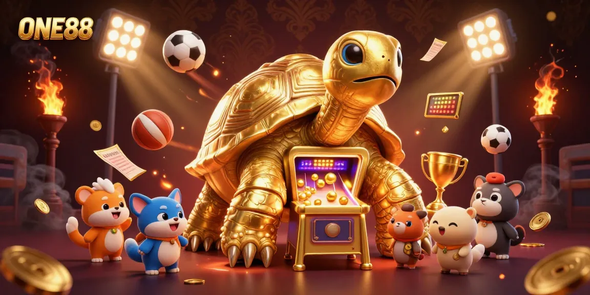 Experience thrilling gaming at ONE88 with a lively 3D casino illustration featuring dynamic sports elements.