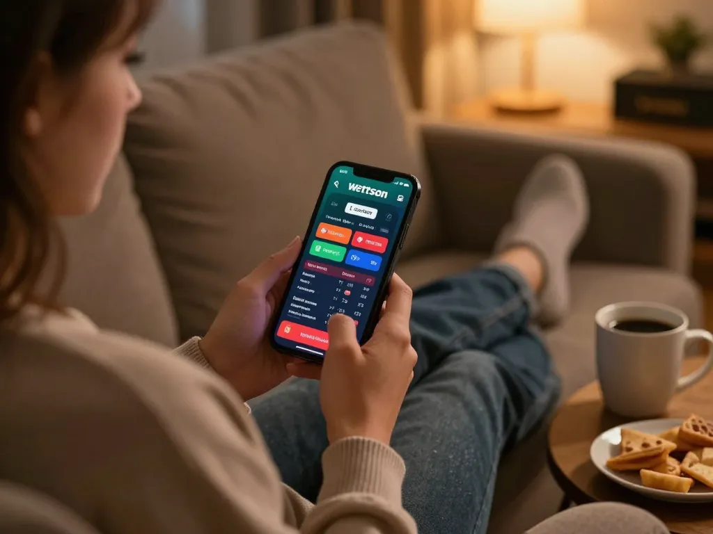 Betrokken speler geniet van de Wettson Casino mobiele app voor live wedden in een gezellige thuisomgeving.