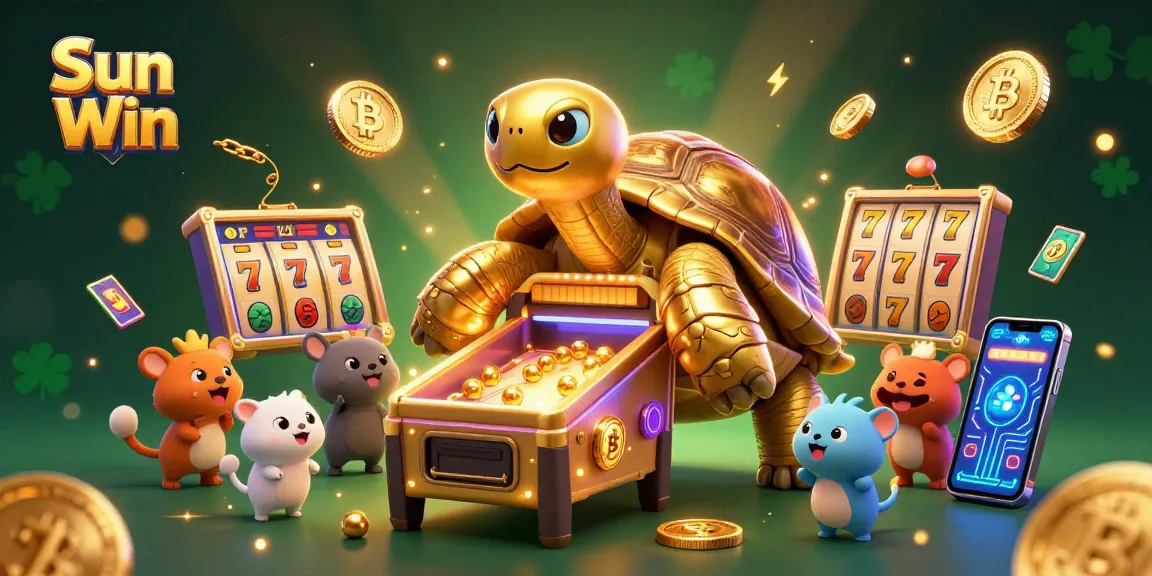 Experience the excitement of Sun Win gaming with vibrant slot reels and a colossal golden tortoise!