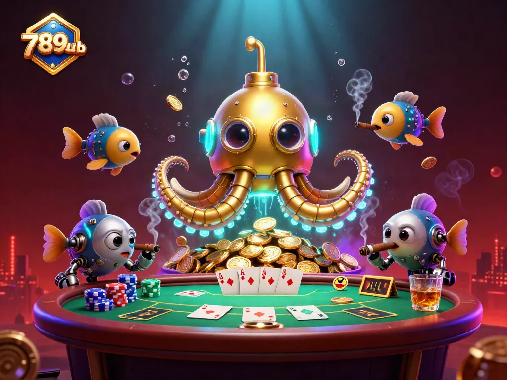 Experience thrilling gaming excitement at 789club with a golden kraken submarine amidst poker action.
