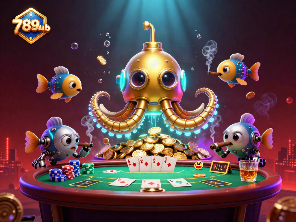 Experience thrilling gaming excitement at 789club with a golden kraken submarine amidst poker action.