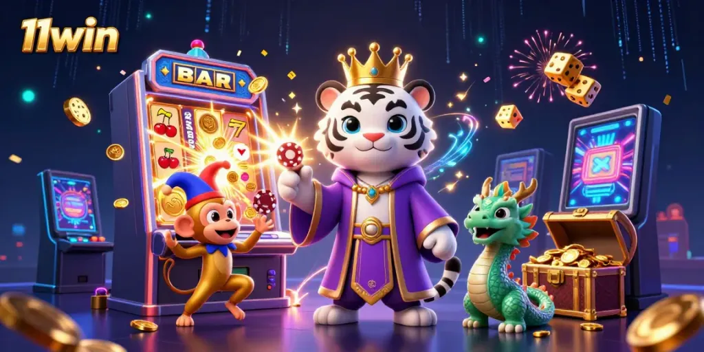Experience the thrilling games at 11win with a vibrant 3D scene of lucky symbols bursting from a slot machine.