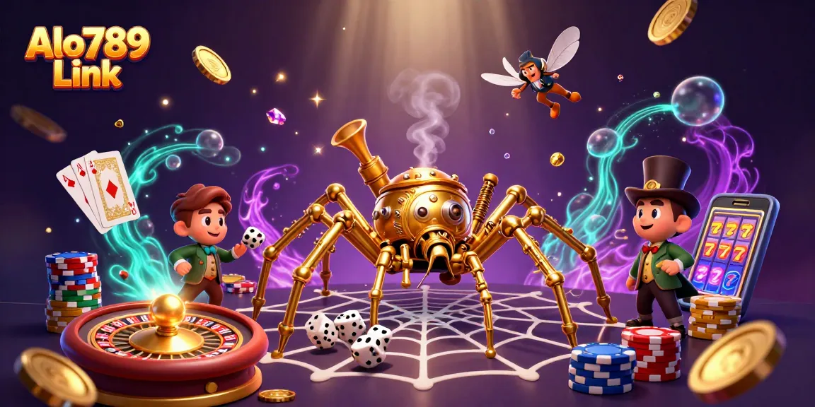 Engage with the Alo789 Link as the golden spider catches dice in its web amidst casino elements.
