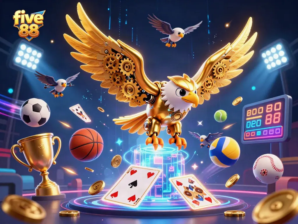 Experience thrilling wins with five 88's energetic casino scene featuring sports elements and gold coins.