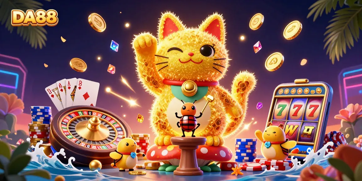 Spin the roulette at DA88 with a vibrant lucky cat and a dynamic swarm of golden fireflies.