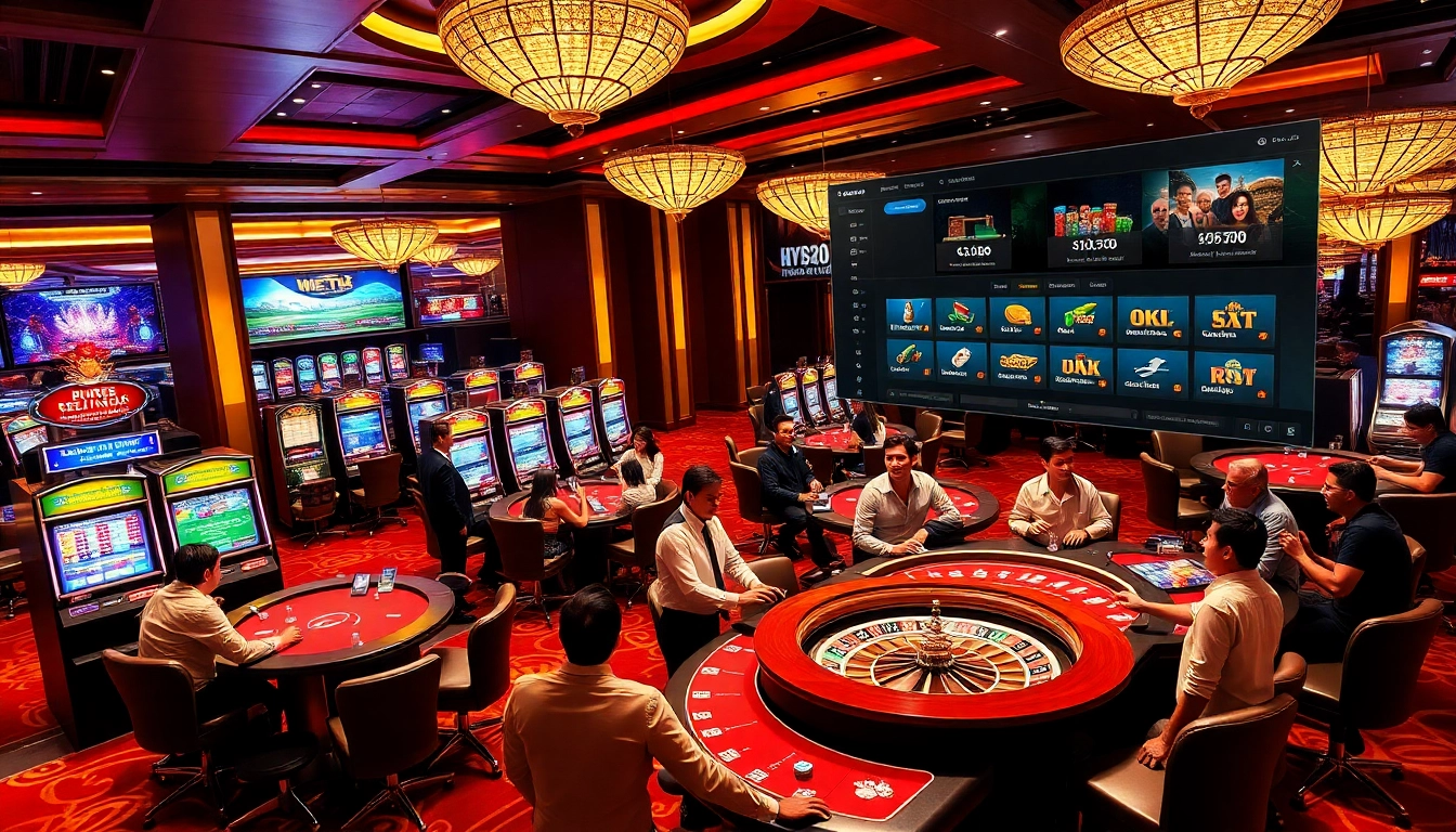 Engaging scene of casino excitement at https://nk88net.com/ with players and vibrant gaming tables.