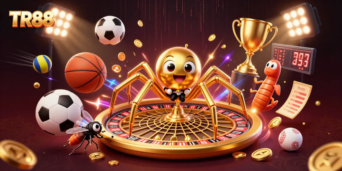 Experience thrilling betting with TR88's animated roulette and casino scene featuring vibrant sports elements.