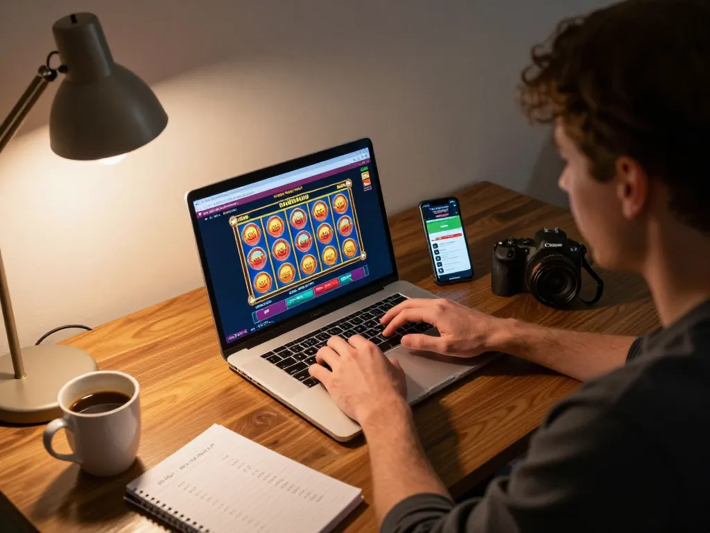Experience topclub online gambling with immersive gameplay at home on a laptop, showcasing vibrant slot reels and a betting app