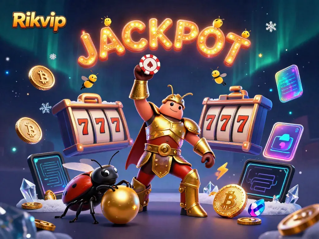 Experience the thrilling world of Rikvip with a vibrant 3D scene showcasing casino elements and a joyful atmosphere.