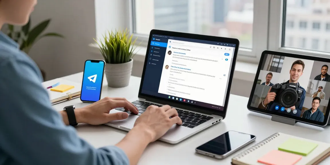 Download Telegram easily in a modern digital workspace showcasing Telegram app on laptop and smartphone amidst a tech-savvy environment.