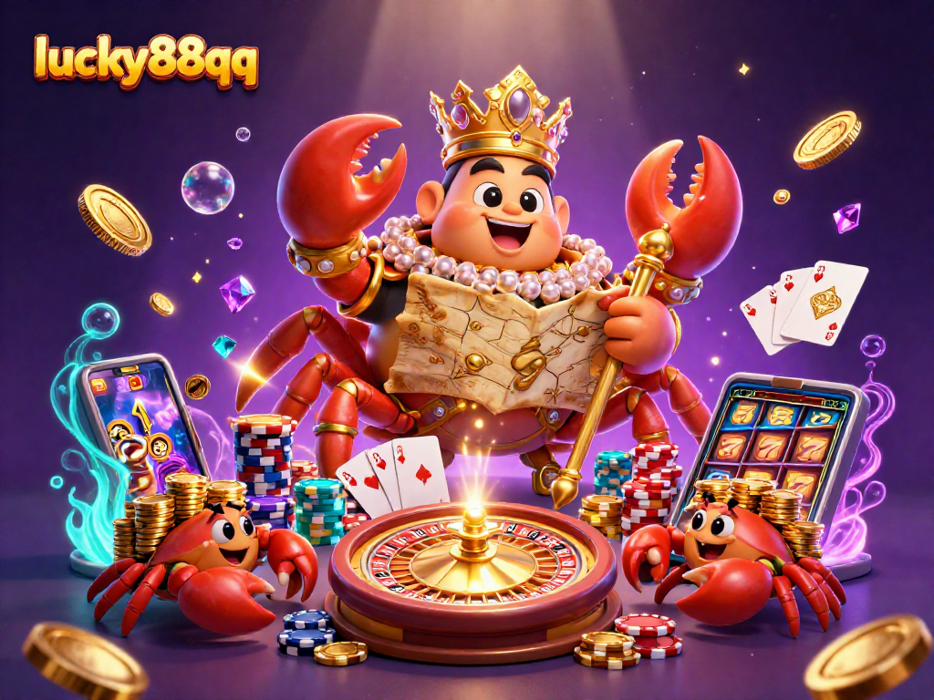 Experience excitement with lucky88qq featuring a golden crab emperor amid vibrant casino treasures.