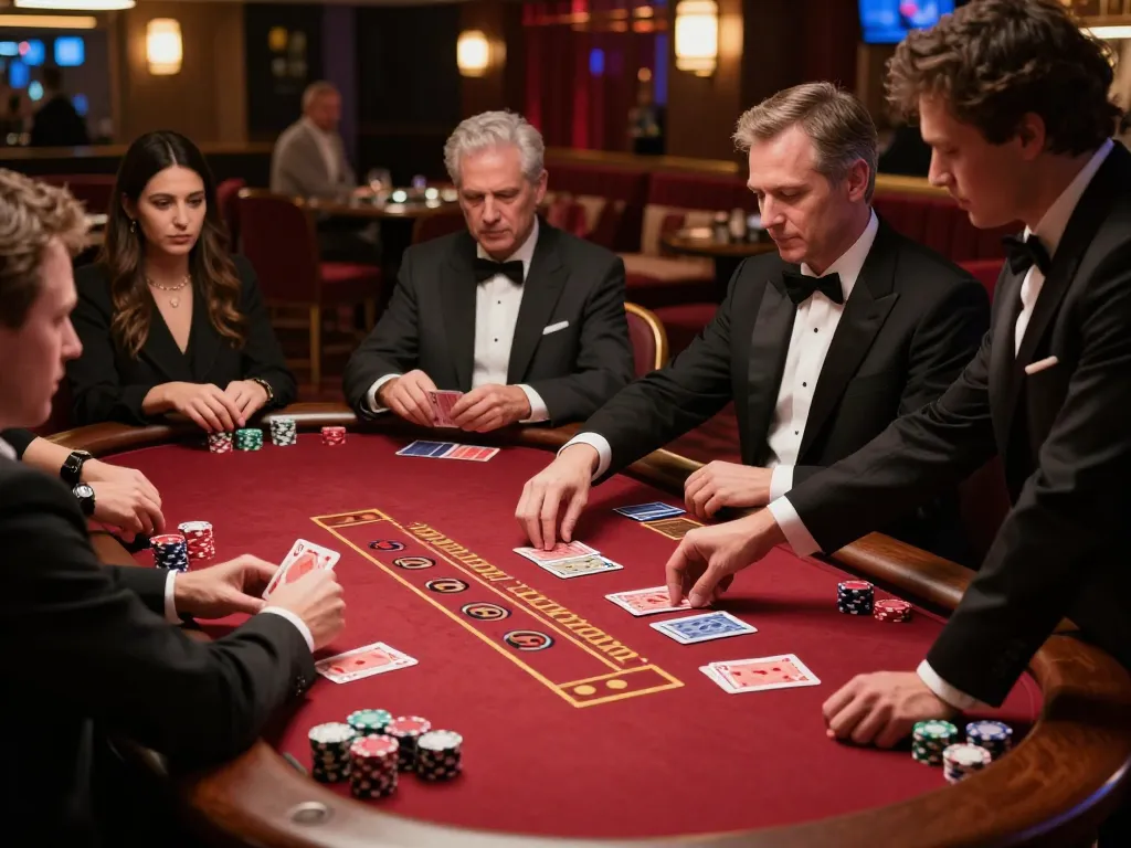1gom players strategizing at an upscale blackjack table in a vibrant casino atmosphere