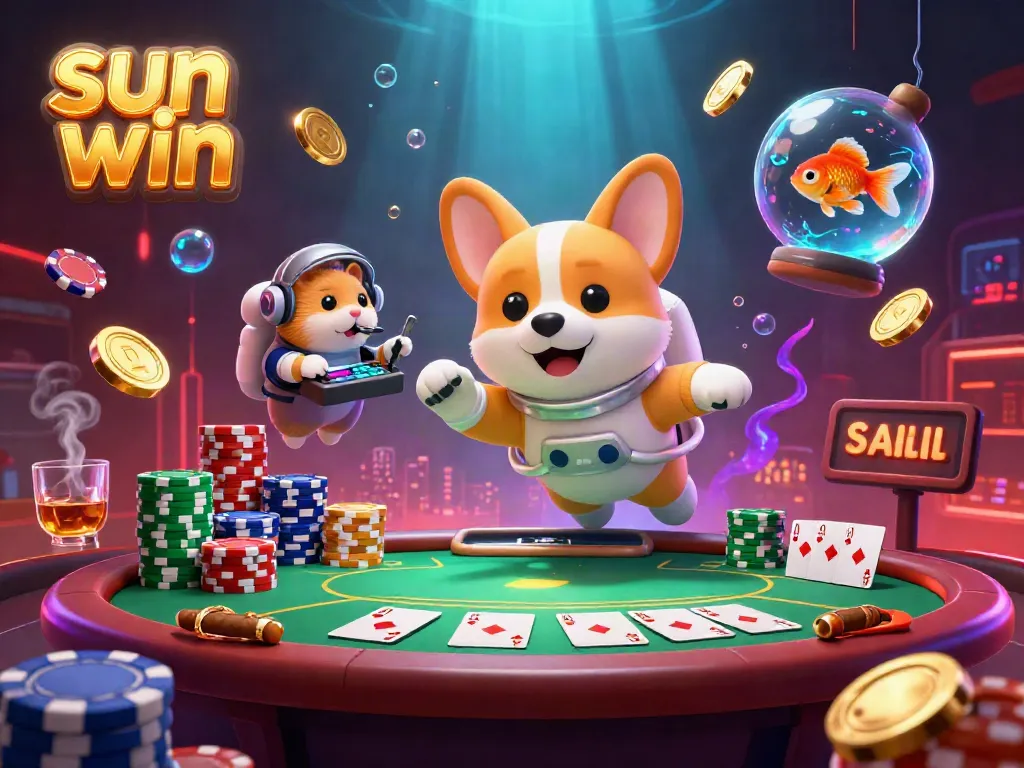Engaging "sun win" scene with a corgi astronaut in a vibrant casino, surrounded by floating poker elements and casino tokens.