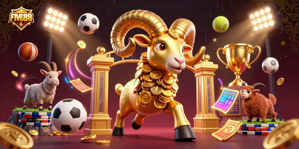 Experience the thrill of FIVE88 sports betting with an exciting 3D illustration of a charging golden ram.