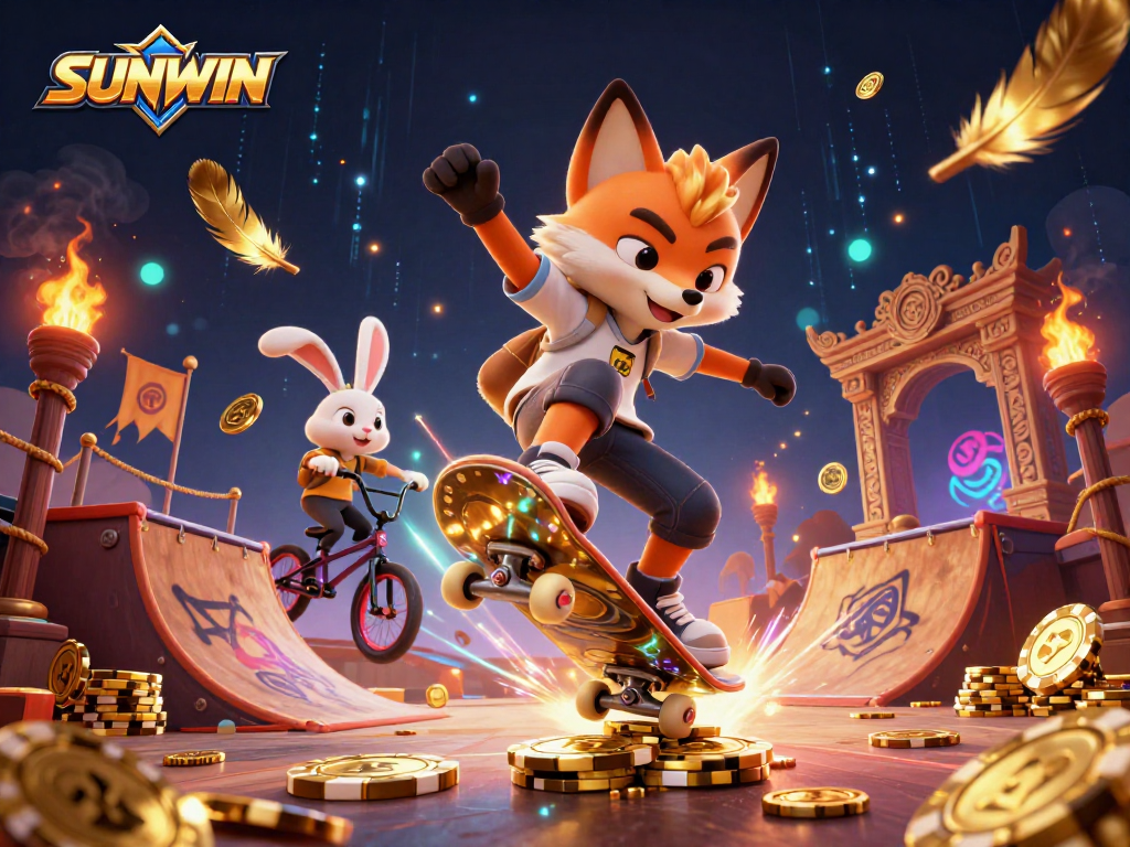 SUNWIN showcases a vibrant 3D scene with a skateboarder fox and BMX rabbit in a dynamic casino-themed illustration.