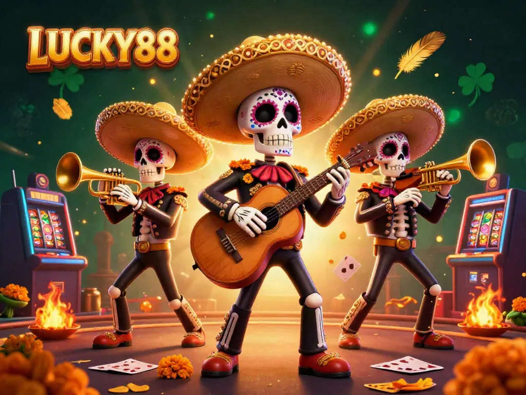 Experience the thrill of LUCKY88 in this vibrant casino-themed 3D illustration showcasing festive mariachi characters surrounded by dynamic gaming elements.