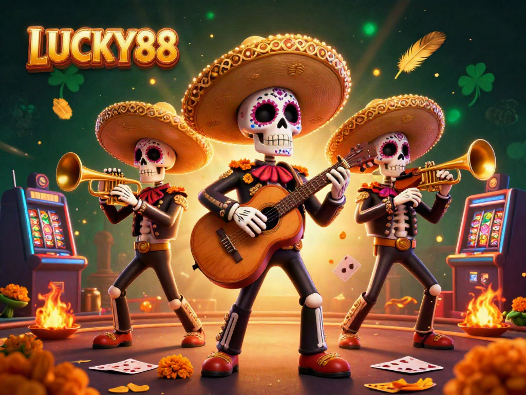 Experience the thrill of LUCKY88 in this vibrant casino-themed 3D illustration showcasing festive mariachi characters surrounded by dynamic gaming elements.