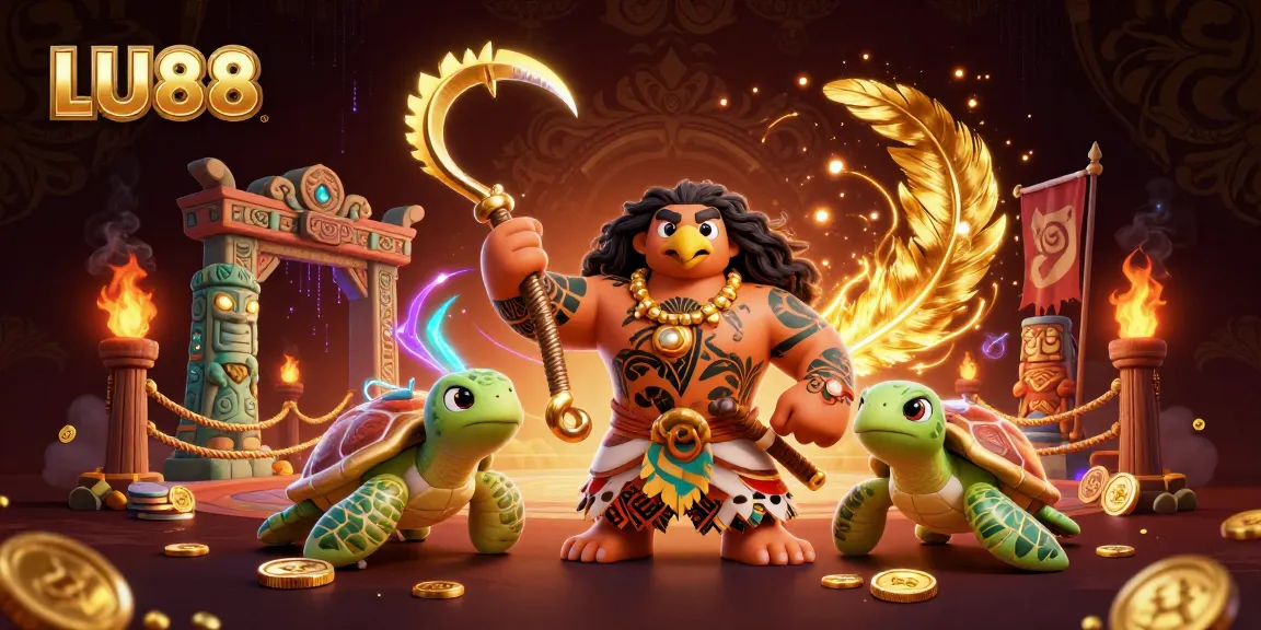 LU88 showcases a vibrant 3D scene with a demigod hawk and turtle in a casino setting.