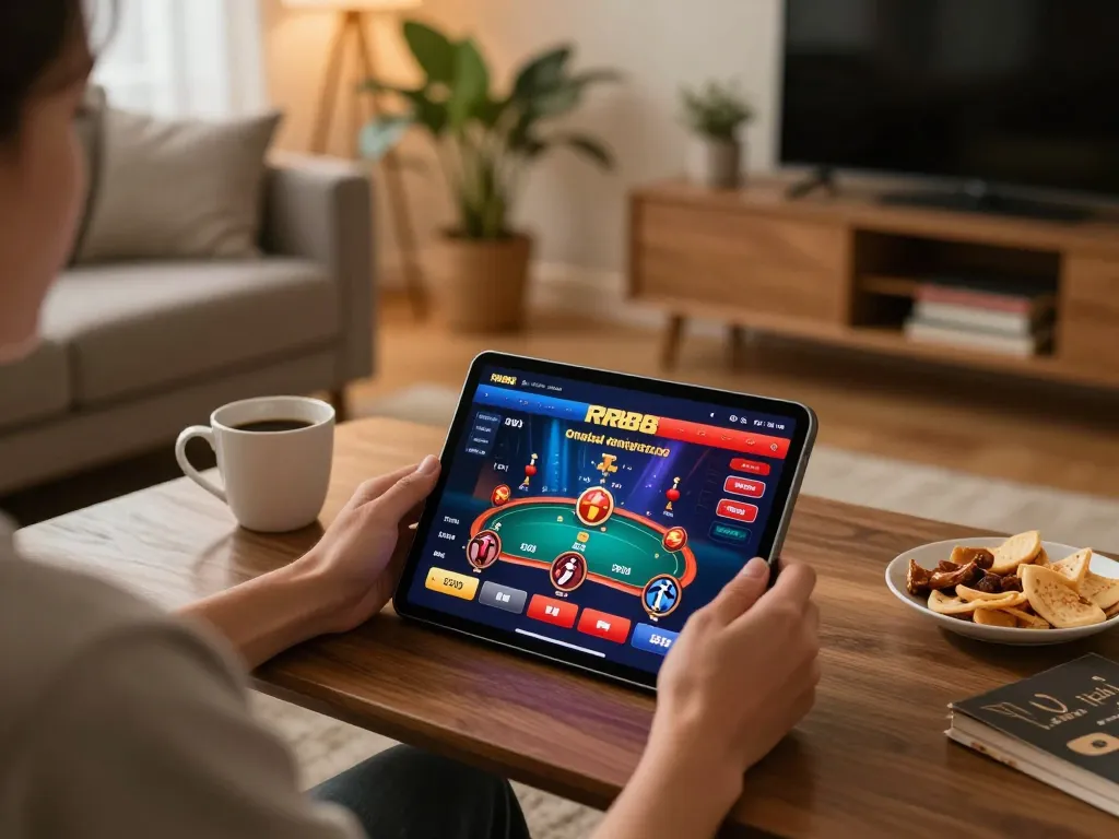 Player using RR88 app for poker at home, showcasing a cozy gaming environment