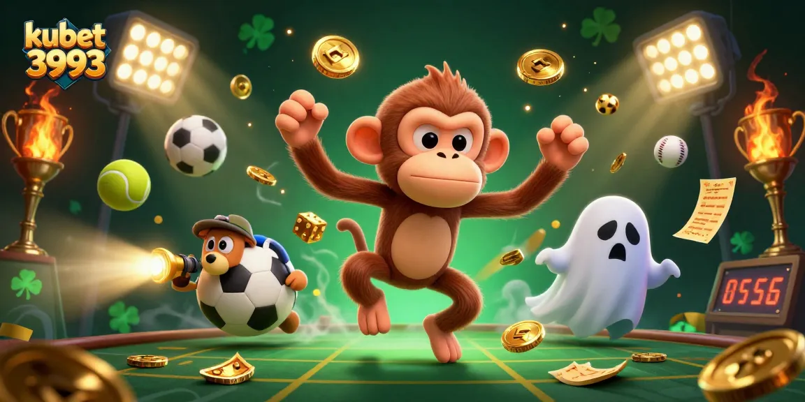 Engage with kubet 3993 as a mischievous monkey juggles golden objects in a lively casino scene