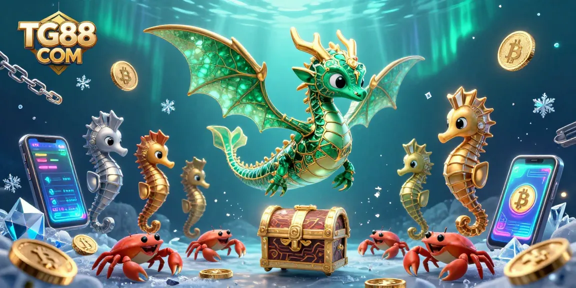 Experience the thrill of gaming at TG88 COM with a vibrant 3D underwater scene featuring cryptocurrency elements.