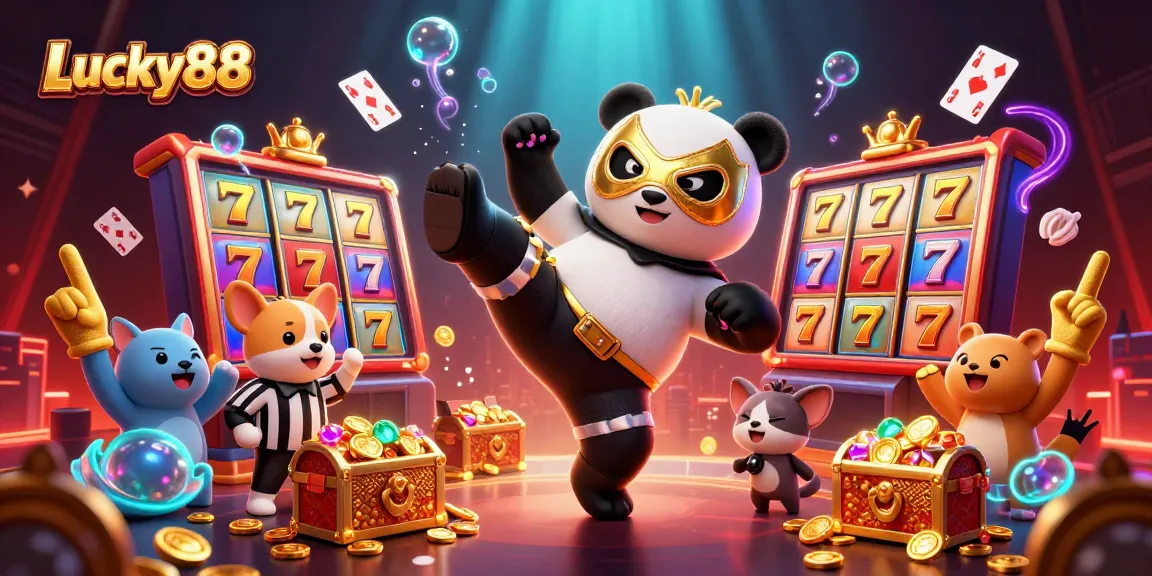 Winning moment with Lucky88 slot, featuring a panda wrestler cartoon in action.