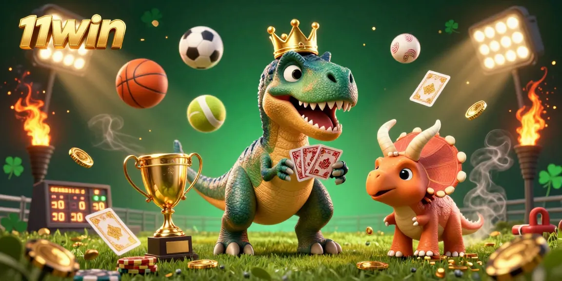 Experience thrilling action with 11WIN in a vibrant scene featuring a T-Rex, pterodactyl, and triceratops showcasing sports bets and casino excitement.