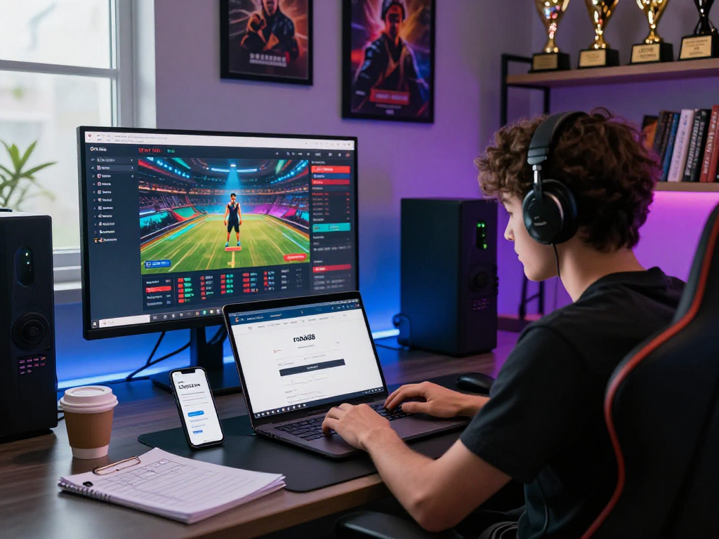 User engaged in rokok88 login process at modern gaming setup with multiple screens